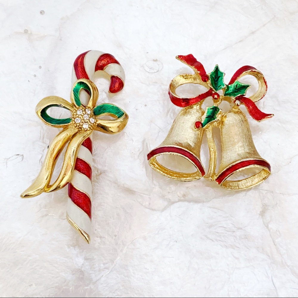 New View Candy Cane Bells Christmas Brooches VTG